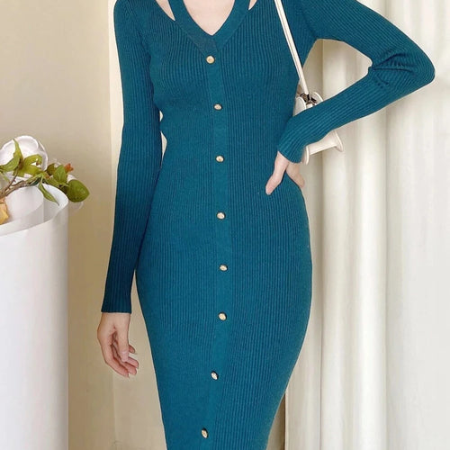 Load image into Gallery viewer, Fall Winter Women Sweater Dress Midi Length Single Breasted Chic Ladies Long Sleeve V-neck Bodycon Knitted Dresses C-190
