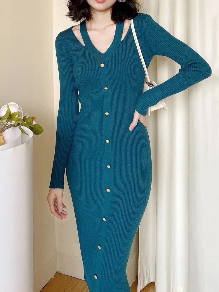Fall Winter Women Sweater Dress Midi Length Single Breasted Chic Ladies Long Sleeve V-neck Bodycon Knitted Dresses C-190