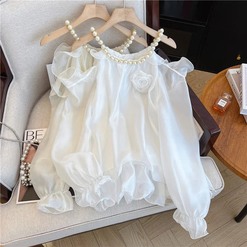Load image into Gallery viewer, Spring Women White Flower Decorate Versatile Long Sleeve Pearls O Neck Blouse Simple Beige Off Shoulder Ruffles Shirt Clothes
