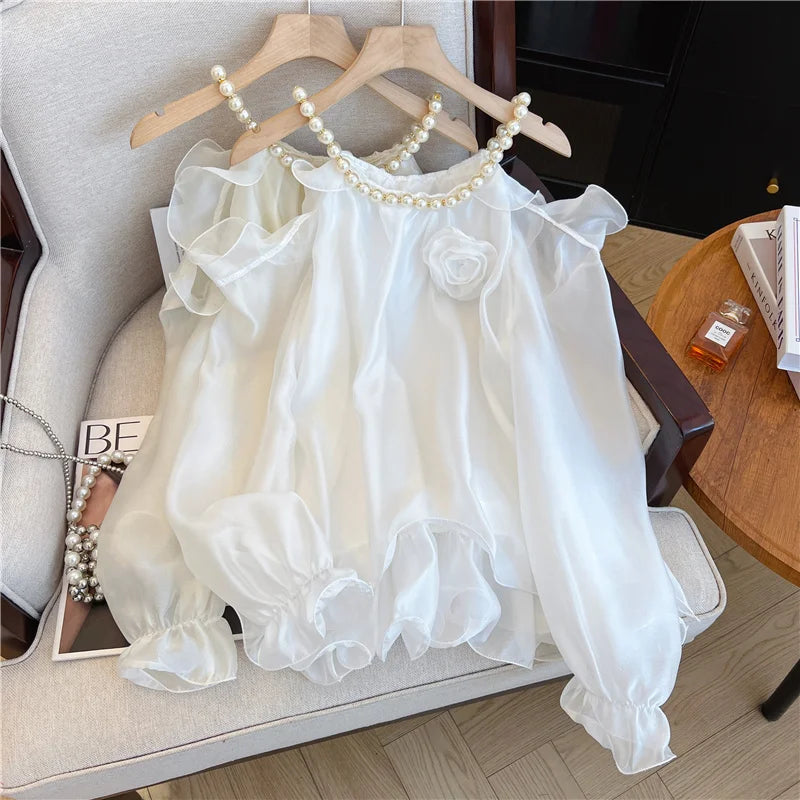 Spring Women White Flower Decorate Versatile Long Sleeve Pearls O Neck Blouse Simple Beige Off Shoulder Ruffles Shirt Clothes