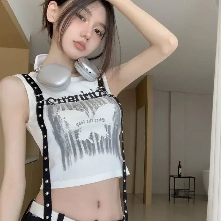 Women Clothing Harajuku Tshirts Sleeveless Tunic Black Tees 2023 Ropa Mujer O-neck Casual Y2k Tops Letter Summer Crop T Shirt