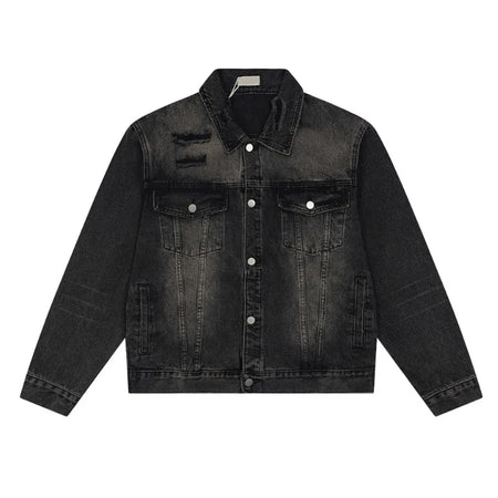 American Denim Jackets Holes Multi Pocket Lapel Solid Color Coats Button 2024 Single Breasted Tops Winter Loose Tide 9C8811
