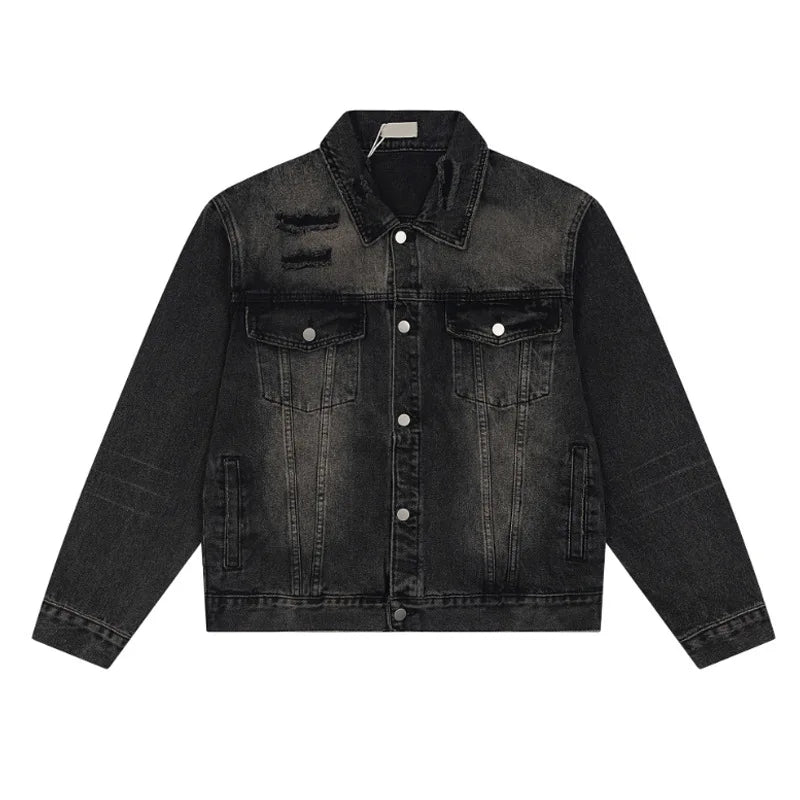 American Denim Jackets Holes Multi Pocket Lapel Solid Color Coats Button 2024 Single Breasted Tops Winter Loose Tide 9C8811