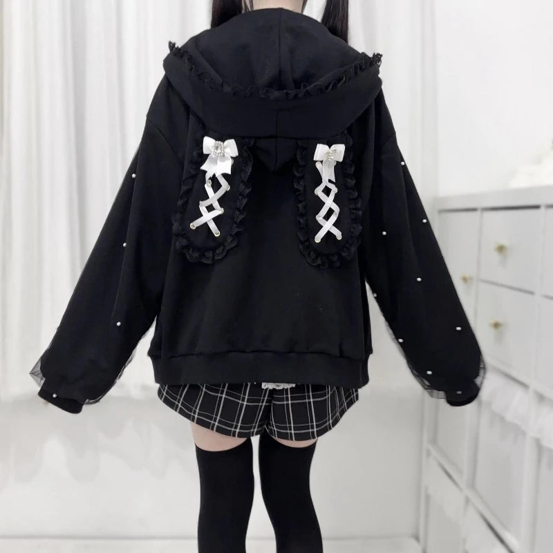 Japanese Pearl Gauze Patchwork Coats Women Y2k Aesthetic Lace Rabbit's Ears Jackets Casual Oversized Harajuku Kawaii Hoodies Top