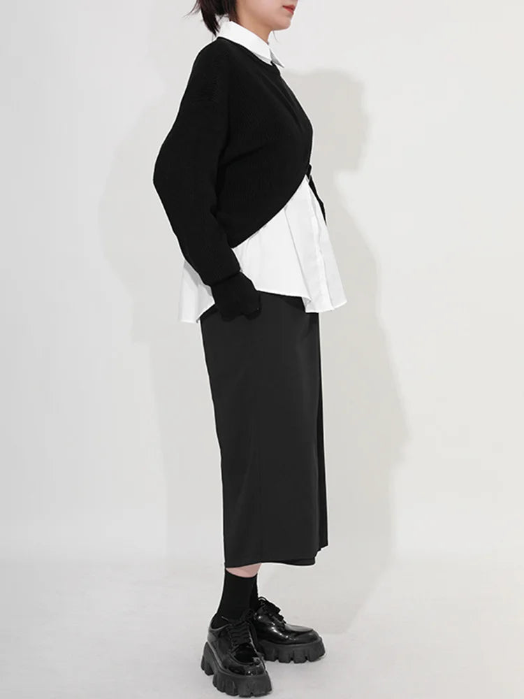 Women White Knitting Split Big Size Blouse New Lapel Long Sleeve Loose Fit Shirt Fashion Tide Spring Autumn 2025 1DC019