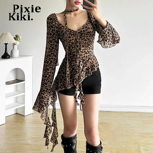 Load image into Gallery viewer, Leopard Print Mesh Sheer Sexy Tops for Women Asymmetrical Ruffled Flare Sleeve Shirts &amp; Blouses Fall 2024 P71-DE15
