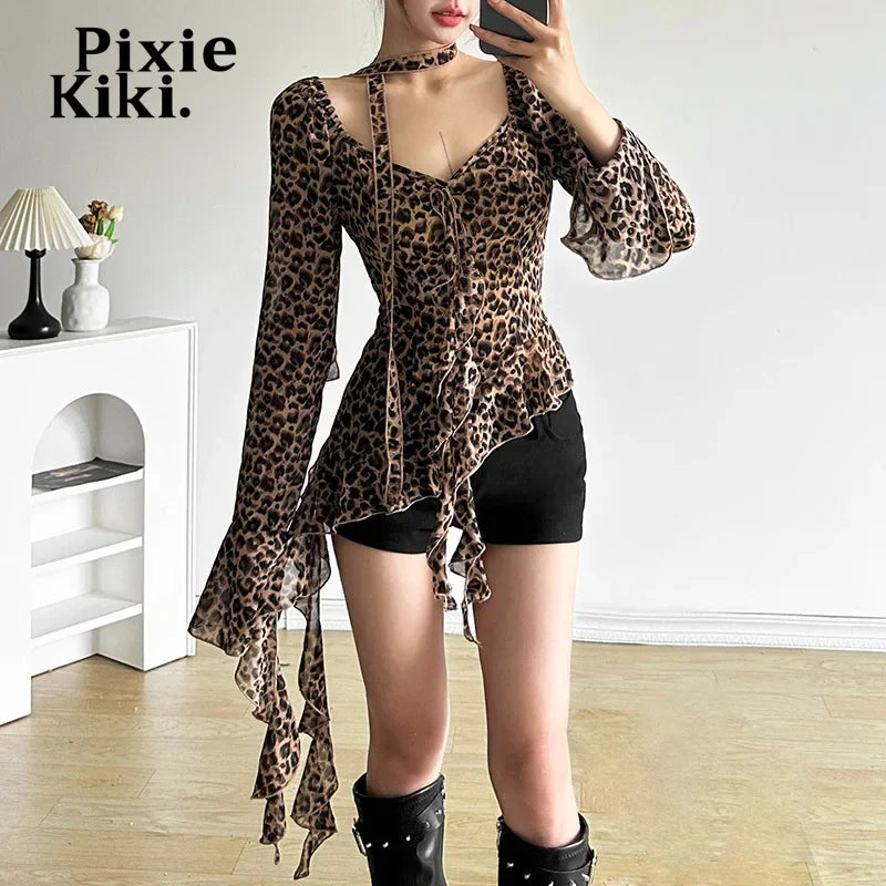 Leopard Print Mesh Sheer Sexy Tops for Women Asymmetrical Ruffled Flare Sleeve Shirts & Blouses Fall 2024 P71-DE15