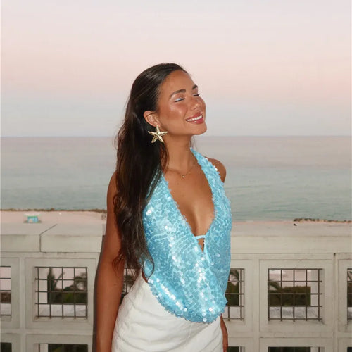 Load image into Gallery viewer, Halter Deep V Neck Sexy Crop Tops Women Sequins Beach Club Tank Tops Female Summer New Holiday Party Cropped Tops
