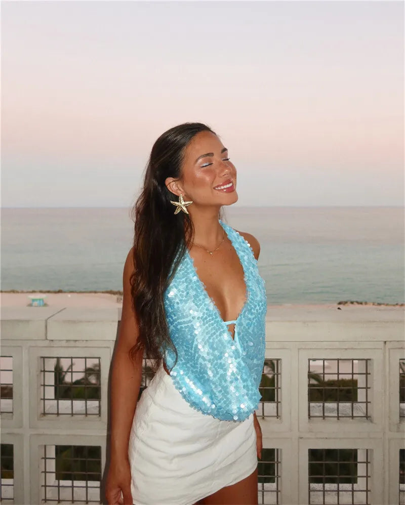 Halter Deep V Neck Sexy Crop Tops Women Sequins Beach Club Tank Tops Female Summer New Holiday Party Cropped Tops