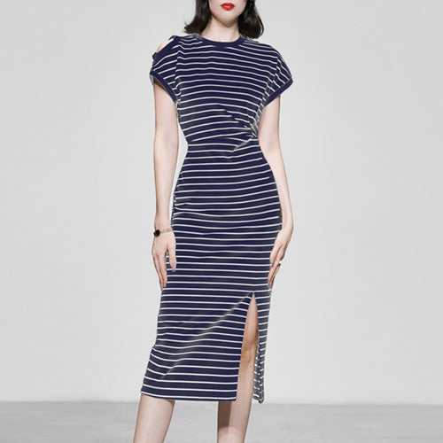 Load image into Gallery viewer, Casual Striped Dresses For Women Round Neck Short Sleeve High Waist Off Shoulder Split Pencil Dress Female Fashion
