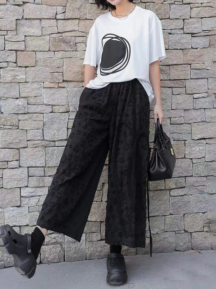 Women Whiite Pattern Printed Big Size Casual T-shirt New Round Neck Short Sleeve Fashion Tide Spring Summer 2025 1DJ0215