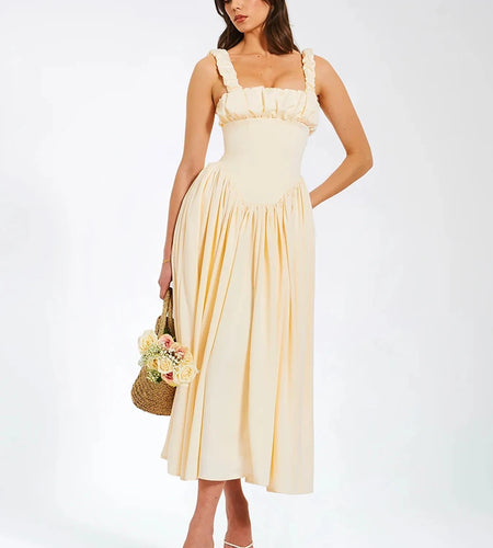 Elegant Satin Backless Midi Dress For Women High Quality Sundress Fashion Square Collar Sleeveless Loose Pleated Dress