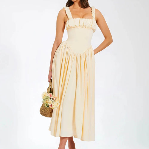 Load image into Gallery viewer, Elegant Satin Backless Midi Dress For Women High Quality Sundress Fashion Square Collar Sleeveless Loose Pleated Dress
