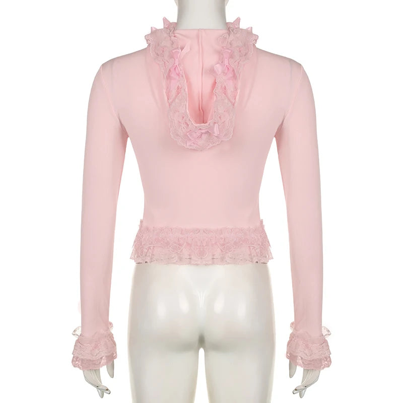 Korean Sweet Pink Hooded T shirt Female Slim Zip Up Tee Shirts Coquette Clothes Bow Lace Spliced Lolita Autumn Tops