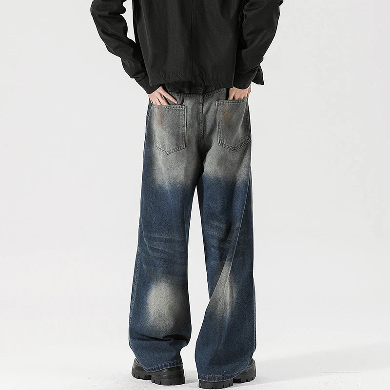 Men's Jeans Washed Dirty Ripped Stylish Hole Worn-out Design High Street Straight Leg Trendy Male Casual Trousers 9W2024