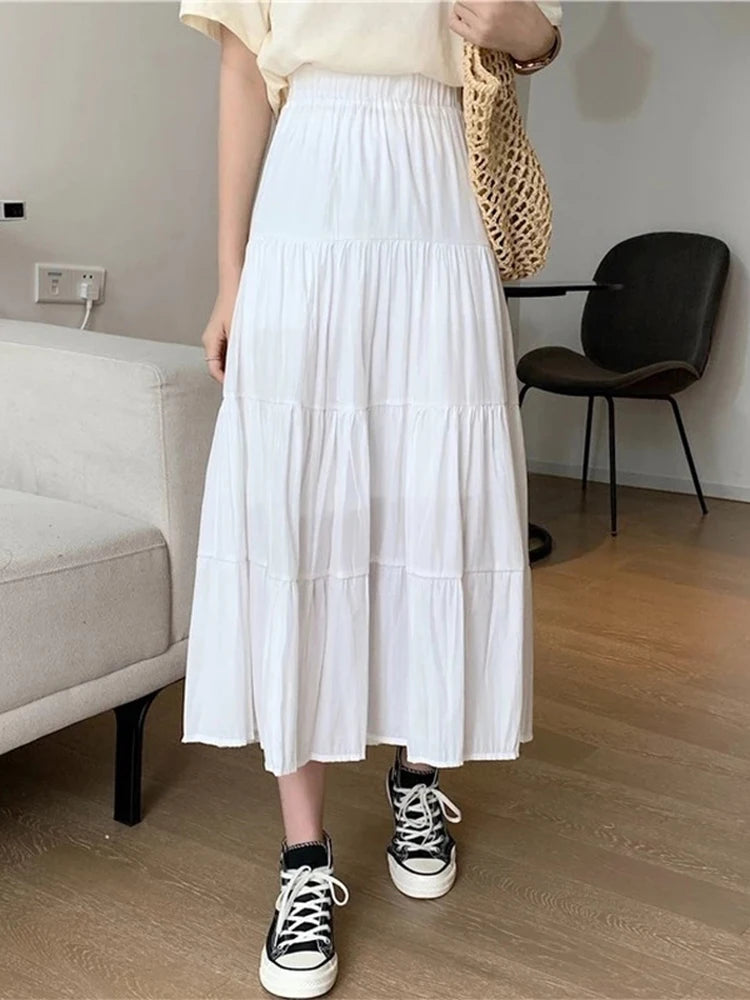 Spring Summer Women Chiffon Skirts Vintage High Waist Elastic Patchwork White Black Chic Long Cake A-line Skirt for Student