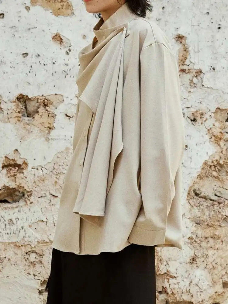 Women Khaki With Scarf Big Size Elegant Blouse New Stand Collar Long Sleeve Shirt Fashion Tide Spring Autumn 2025 1DH6989