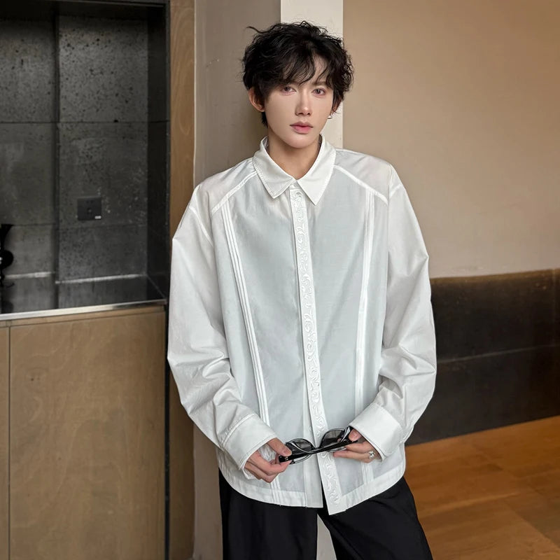 Male Long Sleeve Shirts New Spring Embroidered Eternal Flower Design Turn-down Collar Trendy Single Breasted Top 9W1754