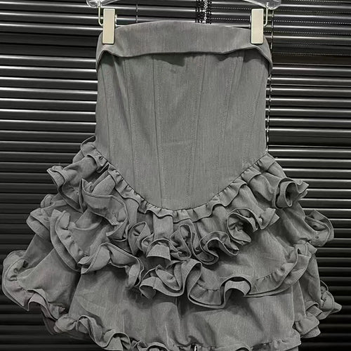 Load image into Gallery viewer, Solid Spliced Ruffles Slimming Dresses For Women Strapless Sleeveless High Waist Temperament Mini Dress Female New
