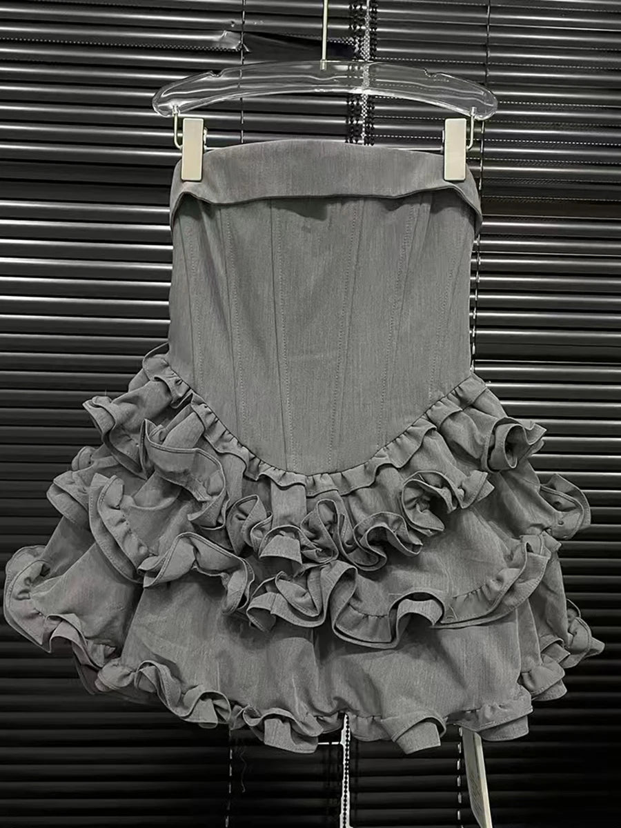 Solid Spliced Ruffles Slimming Dresses For Women Strapless Sleeveless High Waist Temperament Mini Dress Female New