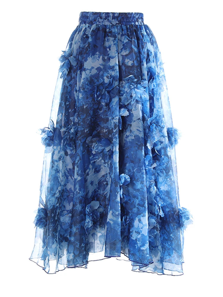 High Elastic Waist Red Flower Printed Organza Ball Gown Half-body Skirt Women Fashion Tide New Spring Autumn 2025 1DJ1139