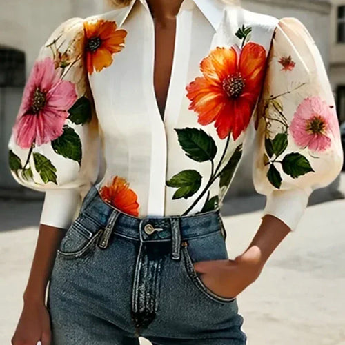 Load image into Gallery viewer, Spring Summer Women Asymmetric Elegant Blouses Tops Puff Sleeves Floral Printed Lapel Shirts Tops for Woman

