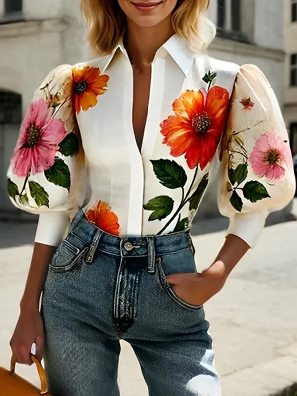 Spring Summer Women Asymmetric Elegant Blouses Tops Puff Sleeves Floral Printed Lapel Shirts Tops for Woman