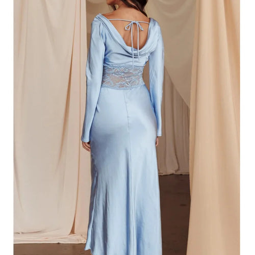 Load image into Gallery viewer, Elegant Long Sleeved Satin Lace Patchwork Dress Women Slim Fit Lace Style Party Club Evening Dress Female 2024 New
