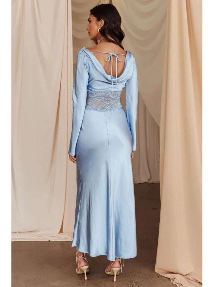 Elegant Long Sleeved Satin Lace Patchwork Dress Women Slim Fit Lace Style Party Club Evening Dress Female 2024 New