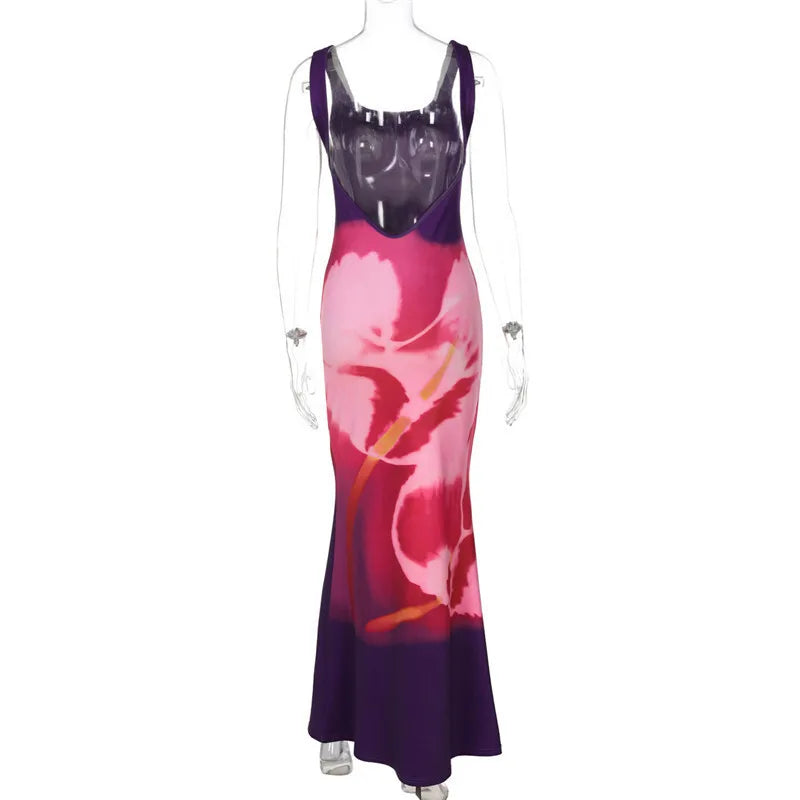 Backless Print Sexy Maxi Dress For Women Gown Fashion Elegant Square Collar Sleeveless Bodycon Ruched Long Dress