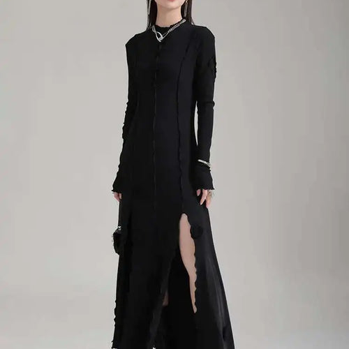 Load image into Gallery viewer, Women Black Flower Elegant Slit Long Dress New Turtleneck Long Sleeve Loose Fit Fashion Tide Spring Autumn 2025 1DH1870
