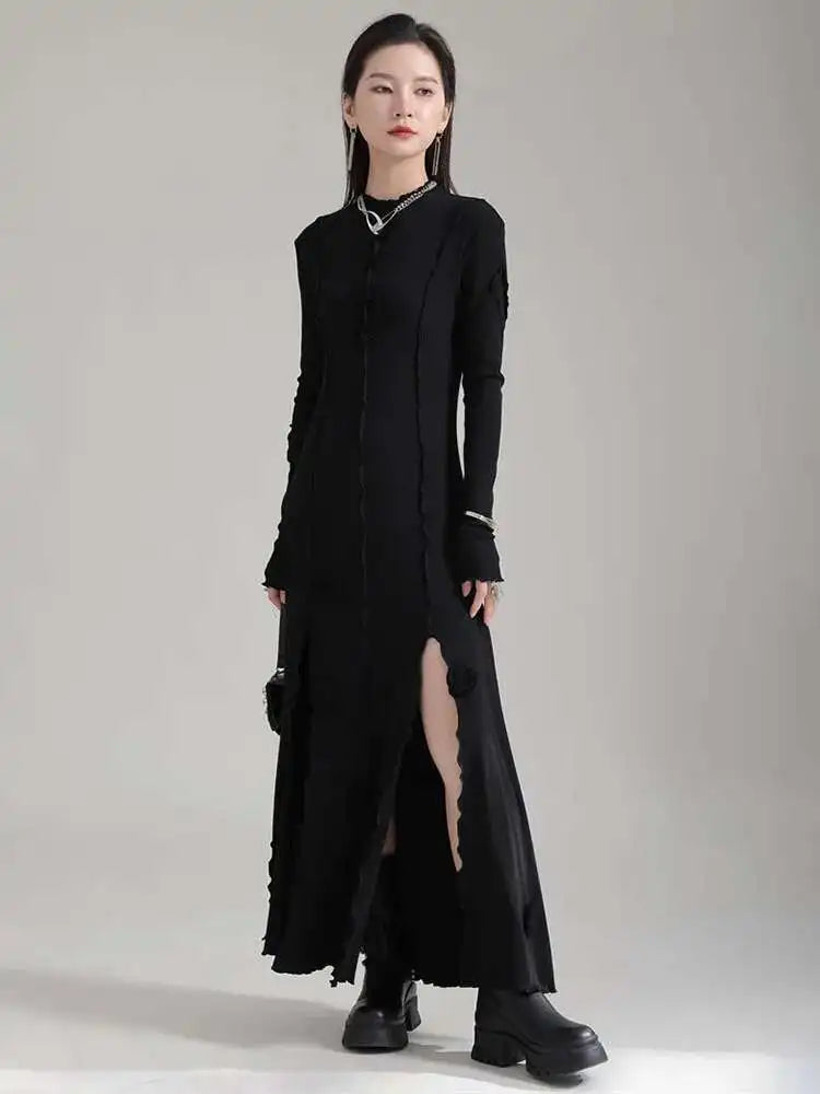 Women Black Flower Elegant Slit Long Dress New Turtleneck Long Sleeve Loose Fit Fashion Tide Spring Autumn 2025 1DH1870