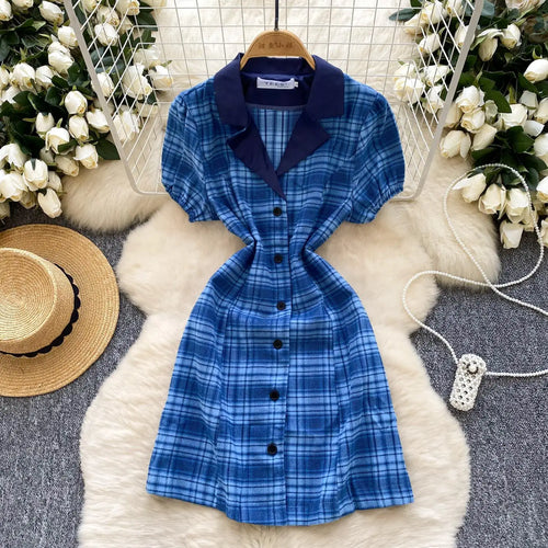 Load image into Gallery viewer, Summer College Style Retro Blue Plaid Festival Short Sleeved Dress Women's Elegant Single Breasted Slim Short Dress Popular Chic
