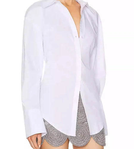 Casual Spliced Single Breasted Fashion Shirts for Women Lapel Long Sleeves Backless Patchwork Lace Up Shirt Female