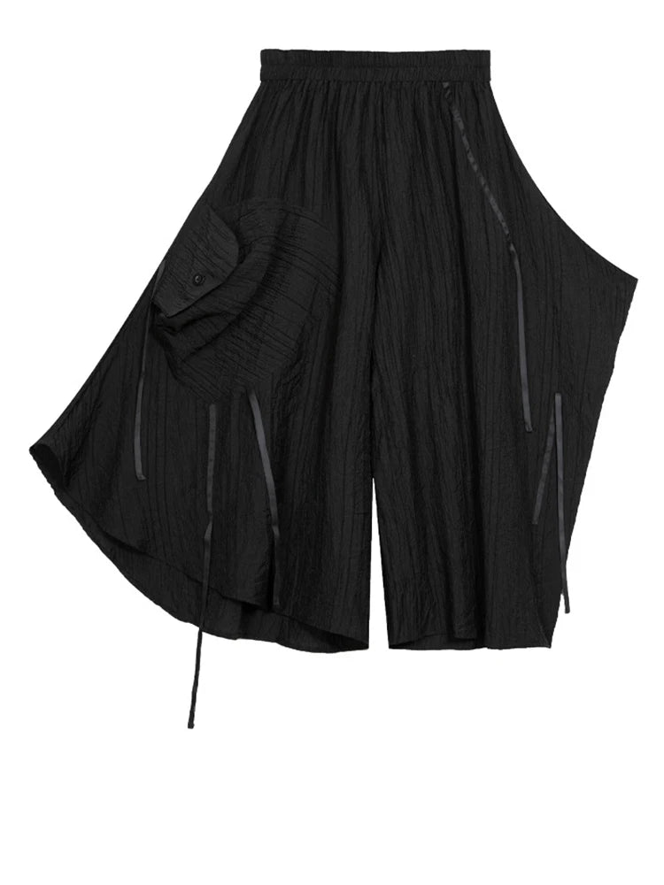 High Elastic Waist Black Pleated Pocket Irregular Wide Leg Pants New Trousers Women Fashion Spring Autumn 2025 1DJ1013