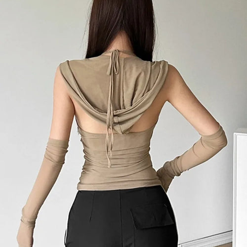 Load image into Gallery viewer, Y2k Aesthetic Sexy Streetwear Mesh Hooded Top Streetwear Sleeveless Bandage T-shirt Women Harajuku Solid Fairy Grunge Tee Shirts
