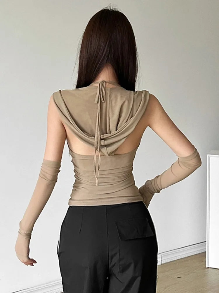 Y2k Aesthetic Sexy Streetwear Mesh Hooded Top Streetwear Sleeveless Bandage T-shirt Women Harajuku Solid Fairy Grunge Tee Shirts