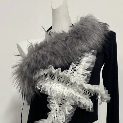 Load image into Gallery viewer, Y2k Aesthetic Fur Patchwork Skew Collar Sexy T-shirts Harajuku Lace Cross Slim Tops Women Streetwear Grunge Hollow Out Tees
