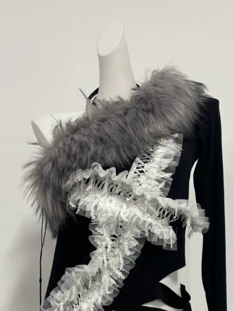 Y2k Aesthetic Fur Patchwork Skew Collar Sexy T-shirts Harajuku Lace Cross Slim Tops Women Streetwear Grunge Hollow Out Tees