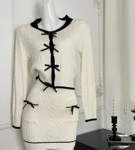 Women Autumn Winter 2024 French Black Beige Patchwork Knit Elegant Long Sleeved Bow Tops + High Waist Short Skirt Two Piece Suit