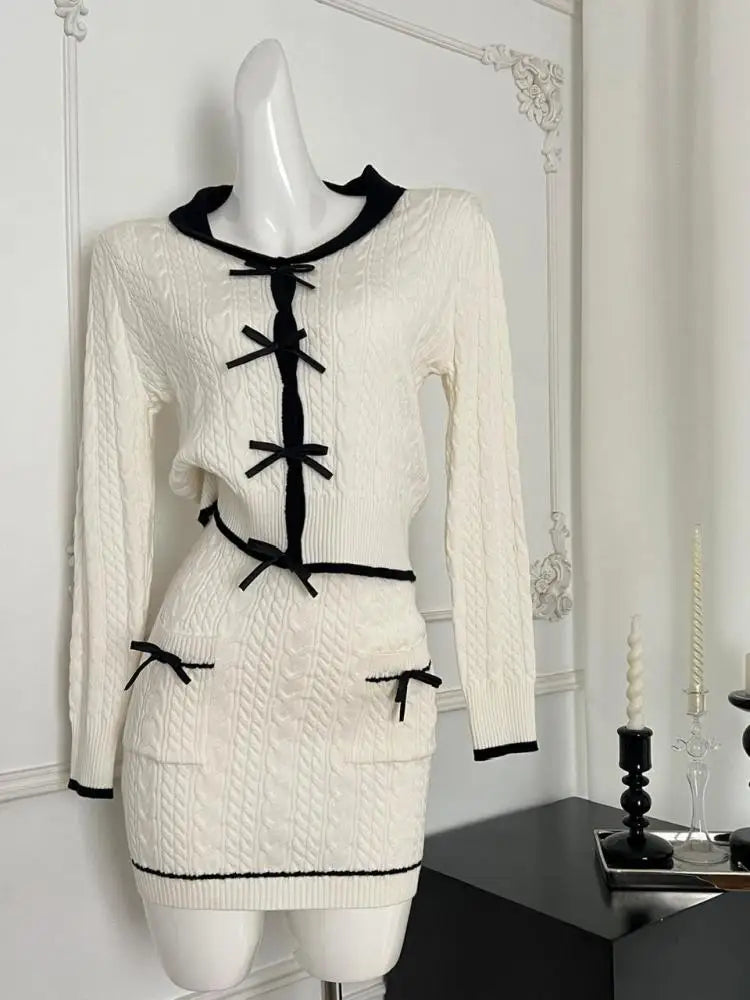 Women Autumn Winter 2024 French Black Beige Patchwork Knit Elegant Long Sleeved Bow Tops + High Waist Short Skirt Two Piece Suit