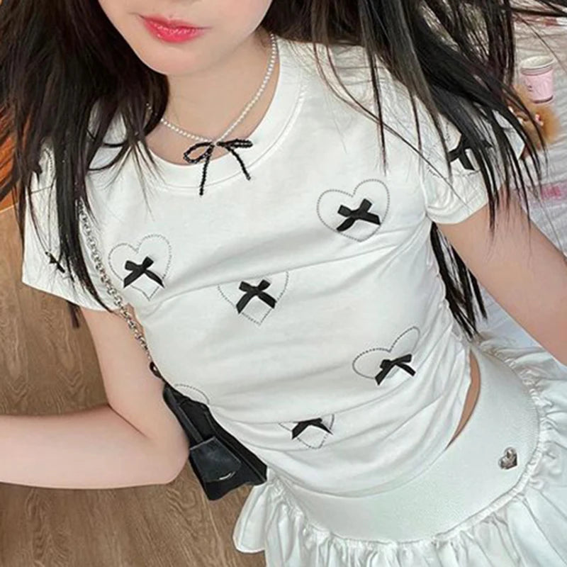 Hotsweet Bow White Bodycon Tee Shirts Women Heart Coquette Cutecore Folds Summer Crop Top Girls Korean Clothing Short