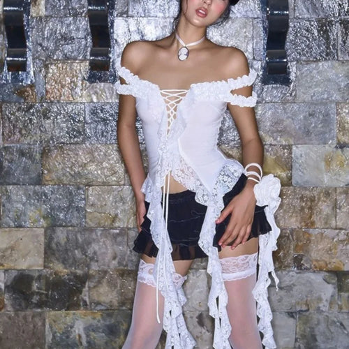 Load image into Gallery viewer, Y2k Aesthetic Lace Patchwork Tops Harajuku Hollow Out Bandage T Shirt Women Slim-fit Grunge Sleeveless Irregular 2025 Tee Femme
