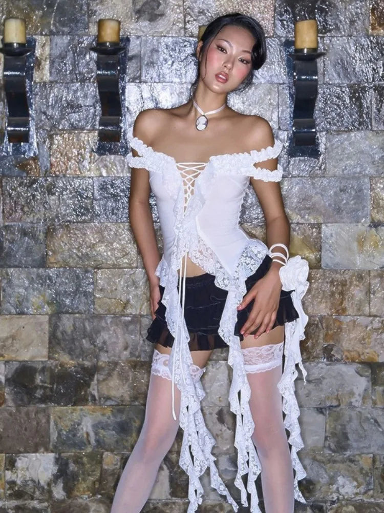 Y2k Aesthetic Lace Patchwork Tops Harajuku Hollow Out Bandage T Shirt Women Slim-fit Grunge Sleeveless Irregular 2025 Tee Femme