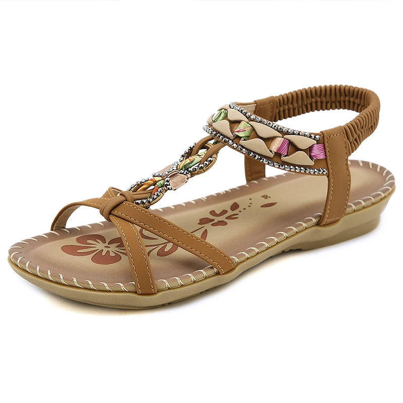 Women's Sandals Bohemia Style Gemstone Sandals Summer 2025 Low Heels Shoes Woman Beach Footwear Summer Shoes Sandalias De Mujer