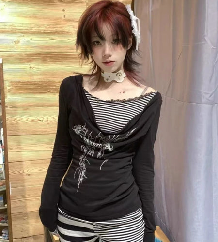Fake Two Pieces Striped Punk T-shirt Y2k Aesthetic Patchwork Vintage Print Women Tshirts Harajuku Slim Streetwear Ins Tees Femme