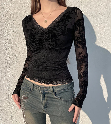Fashion Lace Hook Flowers Black T-shirt For Women V-Neck Long Sleeve Slim Spring Bodycon Top Folds Gothic Dark Shirts