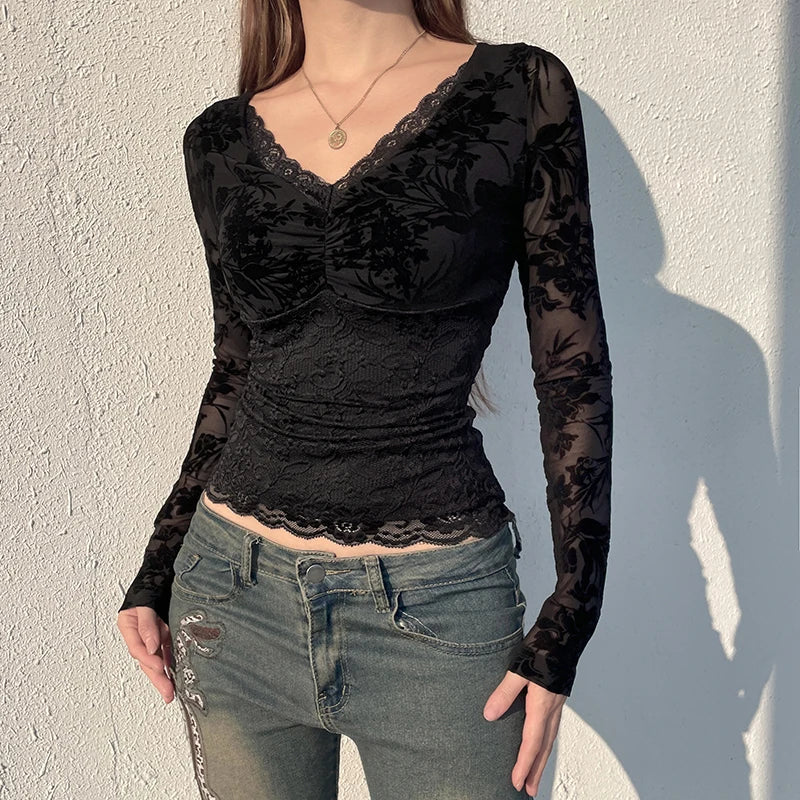 Fashion Lace Hook Flowers Black T-shirt For Women V-Neck Long Sleeve Slim Spring Bodycon Top Folds Gothic Dark Shirts