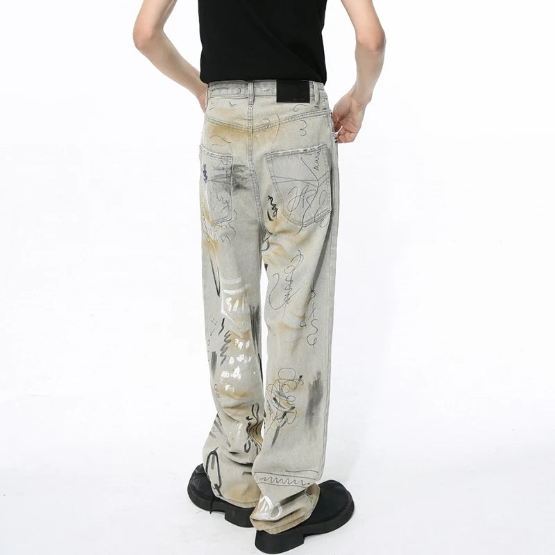 Men Denim Pants New Fashion Male Jeans  Personalized Streetwear Handdrawn Graffiti Washed Worn-out Trendy Trouser 9C5099