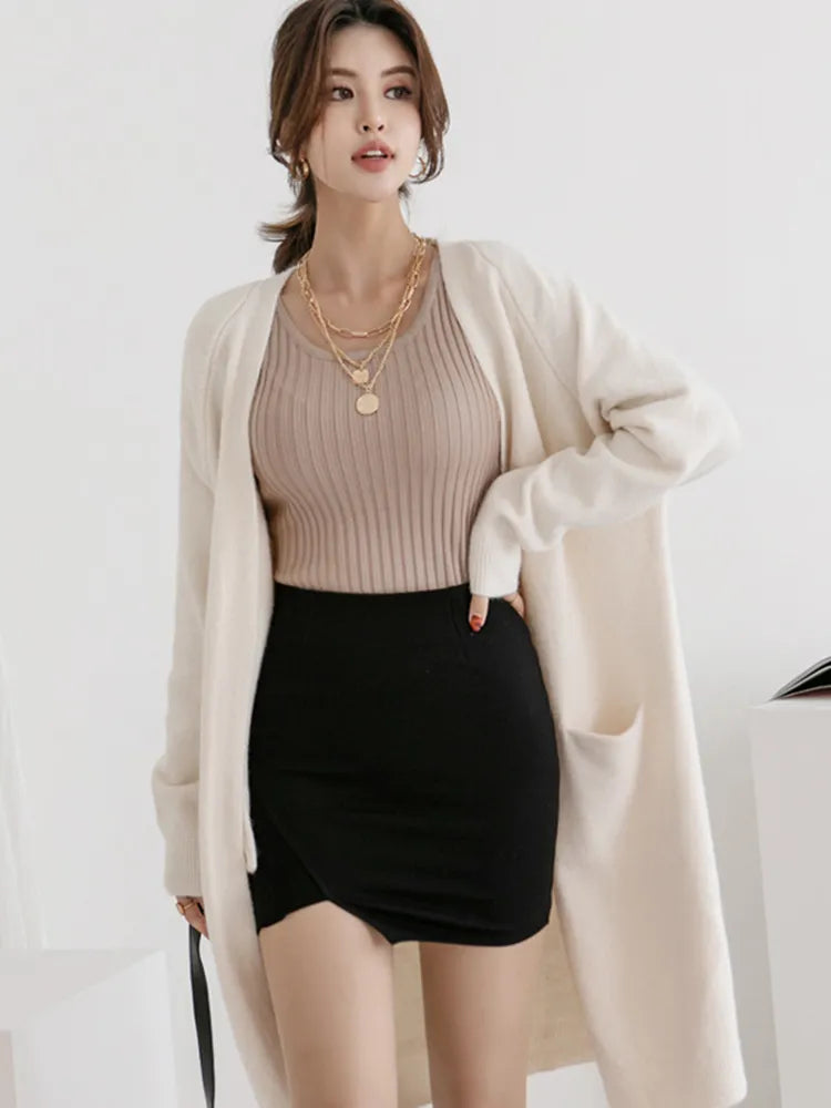 Women Solid Color Loose Thick Warm Sweater Cardigan Pocket Ladies Spring Autumn V Neck Knitted Coat Female Casual Tops C-124